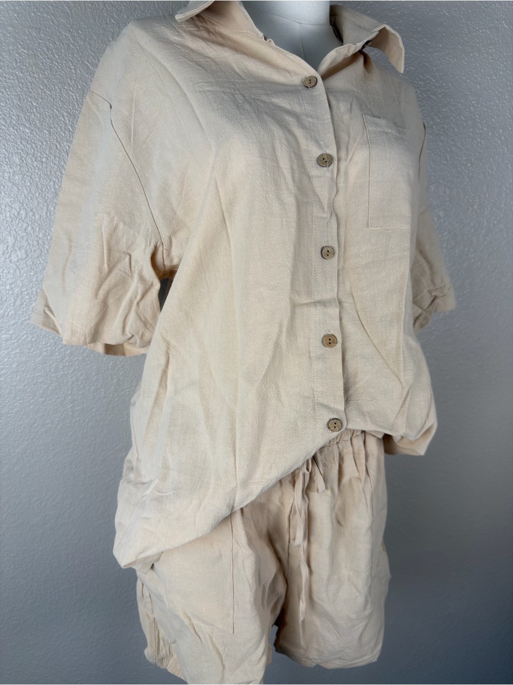 NWT Beige Summer Cotton Linen Short Sets 2 Piece Shorts Top Lounge Beach, L - Picture 5 of 9